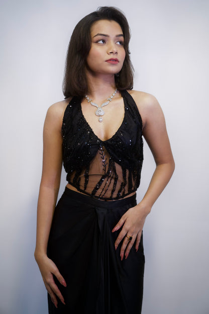 Kohl Corset & Satin Dhoti Skirt Set